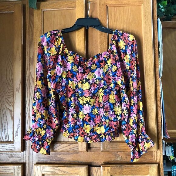 Anthropologie SKIES ARE BLUE Floral Balloon Sleeve Crop Top Metallic Stitch - XS - Picture 10 of 12